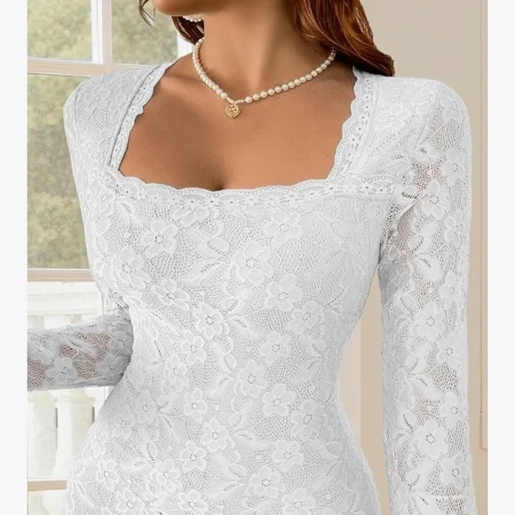 Elegant White Lace Long Sleeve Dress wedding dress